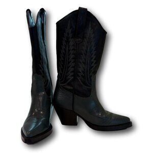 New Steve Madden Black Leather Western Cowboy Boots Lizard Embossed Pointed 6